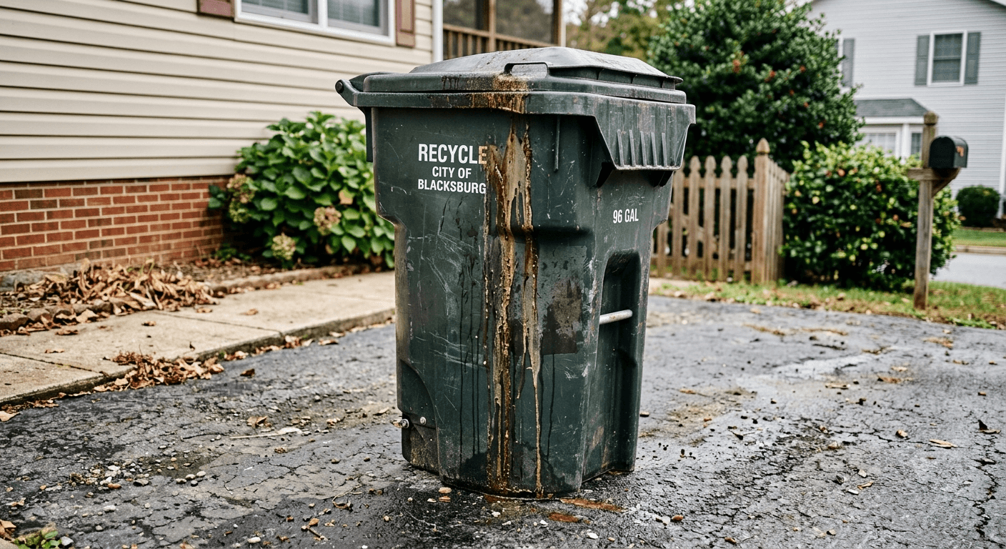 A driveway recycling bin stained with residue before service