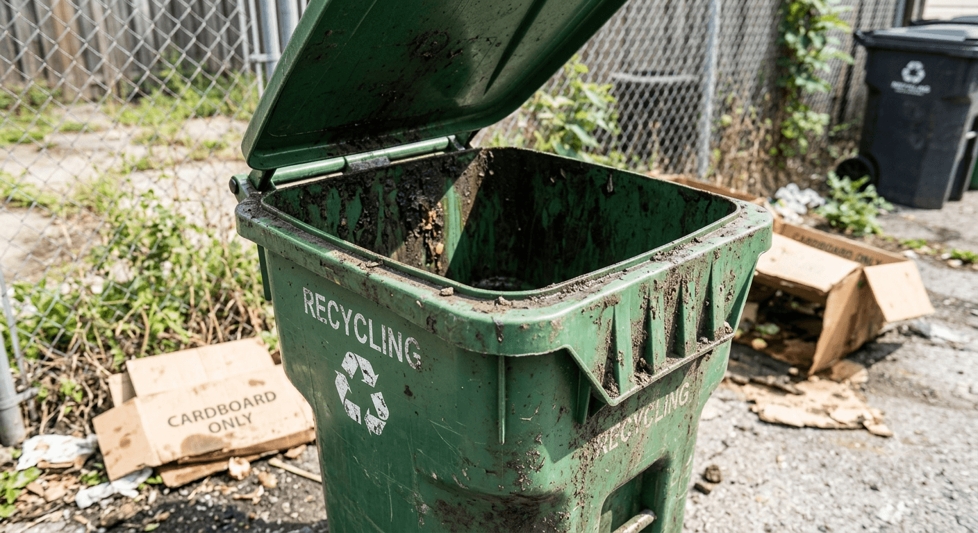 A recycling bin with built-up grime before cleaning