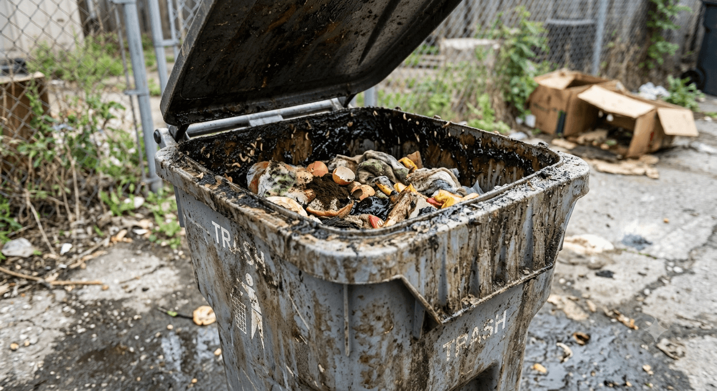 A grimy trash bin full of food waste before TrashStache cleaning