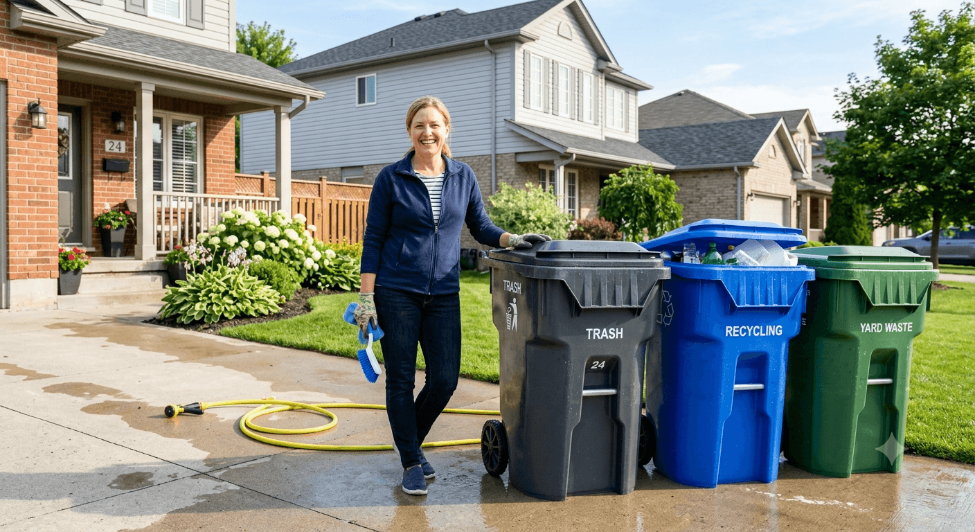 A homeowner smiling next to a row of freshly cleaned trash and recycling bins on a driveway