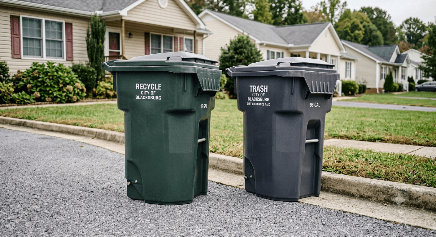 Clean trash and recycling bins on a residential curb in Blacksburg, Virginia